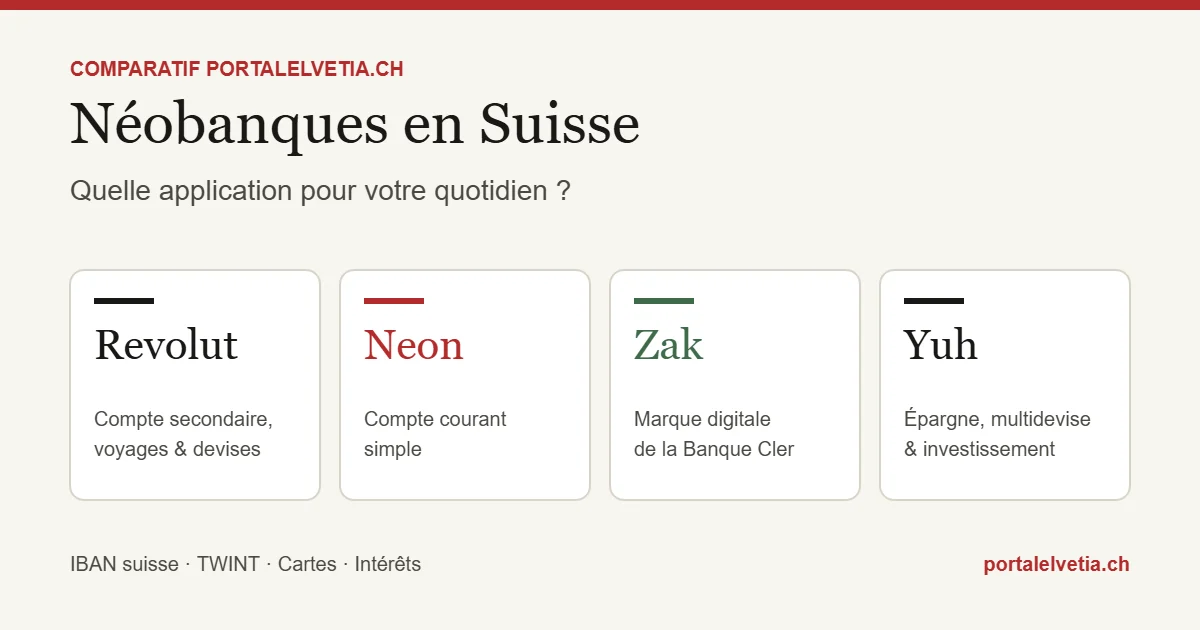 Néobanques en Suisse comparées : Revolut, Neon, Zak et Yuh